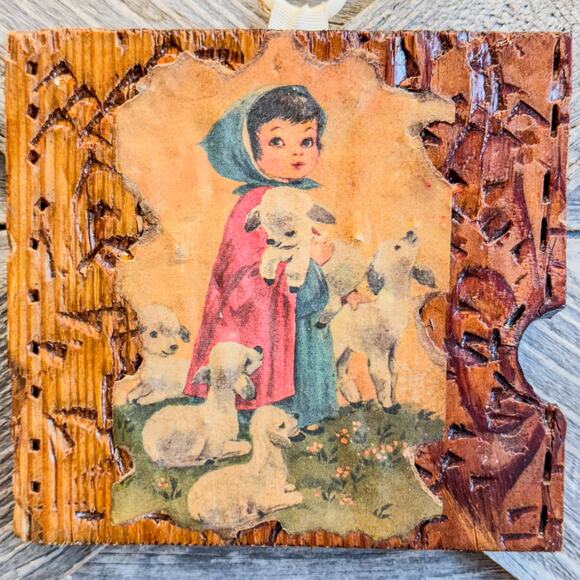 1970’s Vintage Farm Girl w/ Baby Lamb Decoupage on Wood-Wall Art-Folk Art-5.25”H - Picture 2 of 5